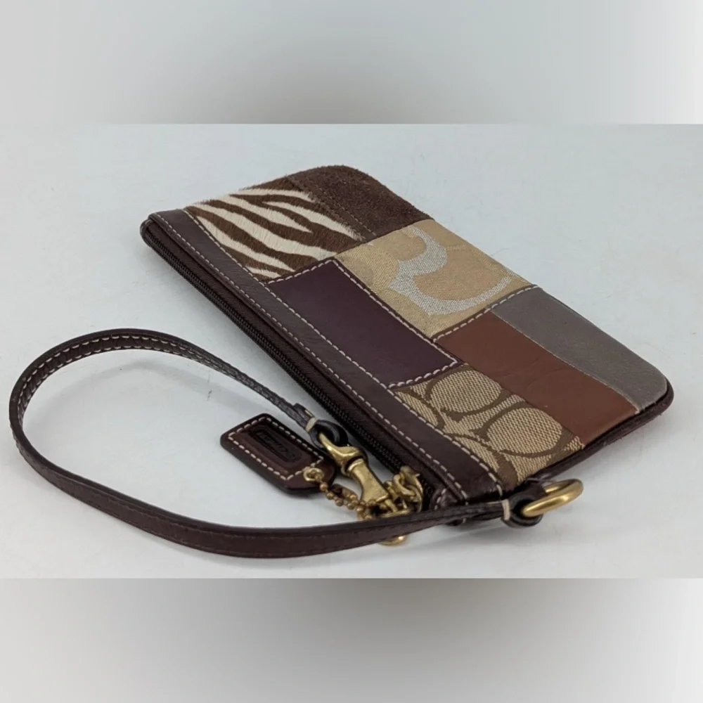 Coach Patchwork Signature Canvas Leather Brown Wristlet Clutch Pouch - Picture 3 of 7